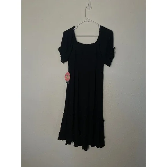 Blush Maternity Dress Medium Black Ruffle Hem‎ Short Sleeve Smocked - Picture 2 of 8